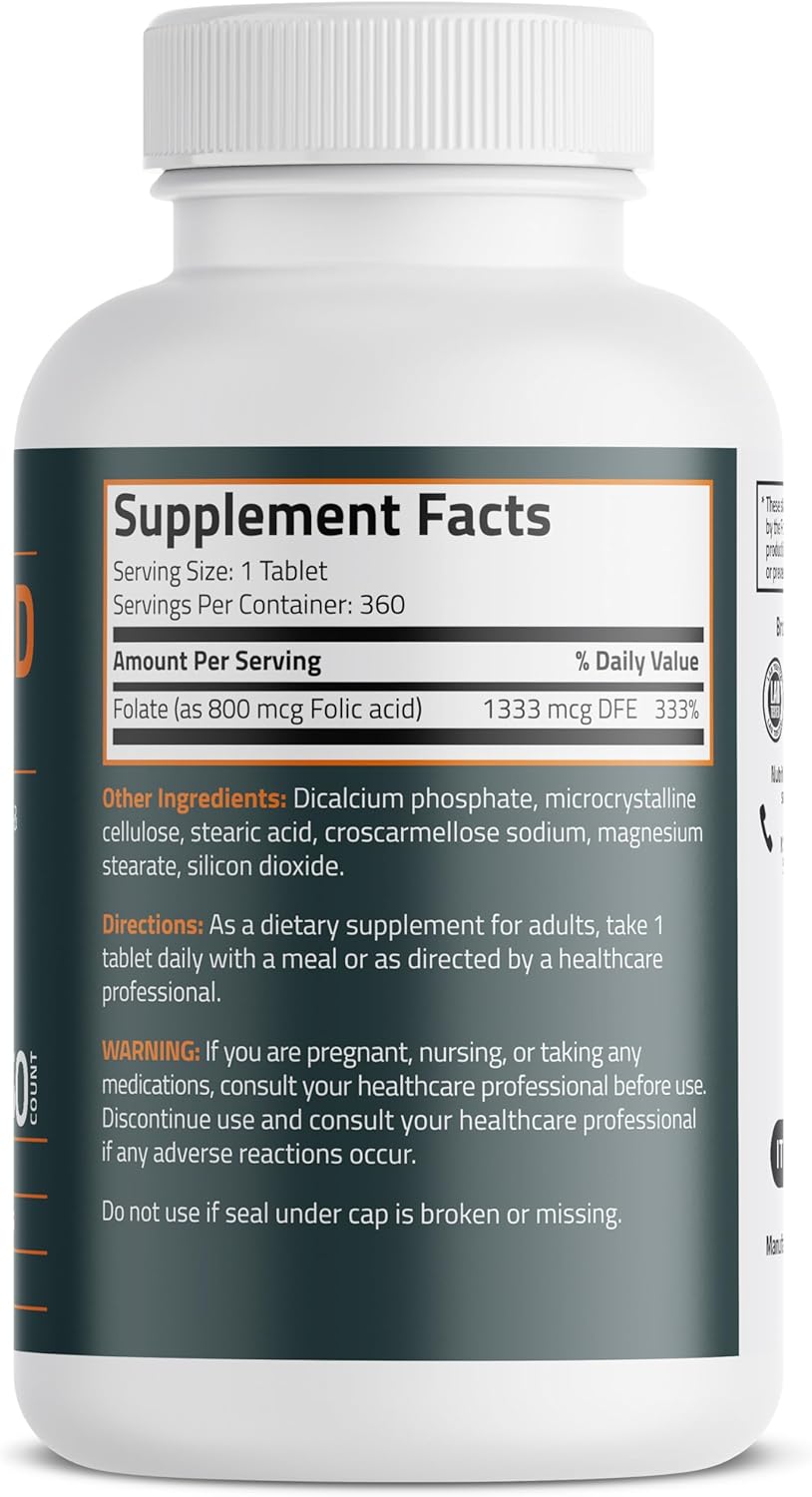 Bronson Folic Acid 800 MCG Tablets - 1 Year Supply for Prenatal Development, Non-GMO, 360 Count