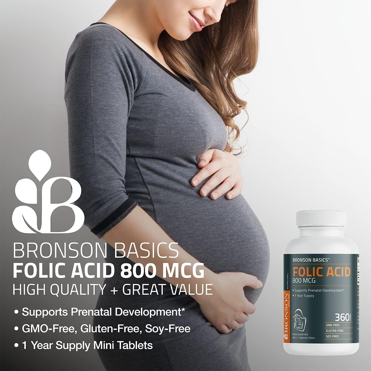 Bronson Folic Acid 800 MCG Tablets - 1 Year Supply for Prenatal Development, Non-GMO, 360 Count