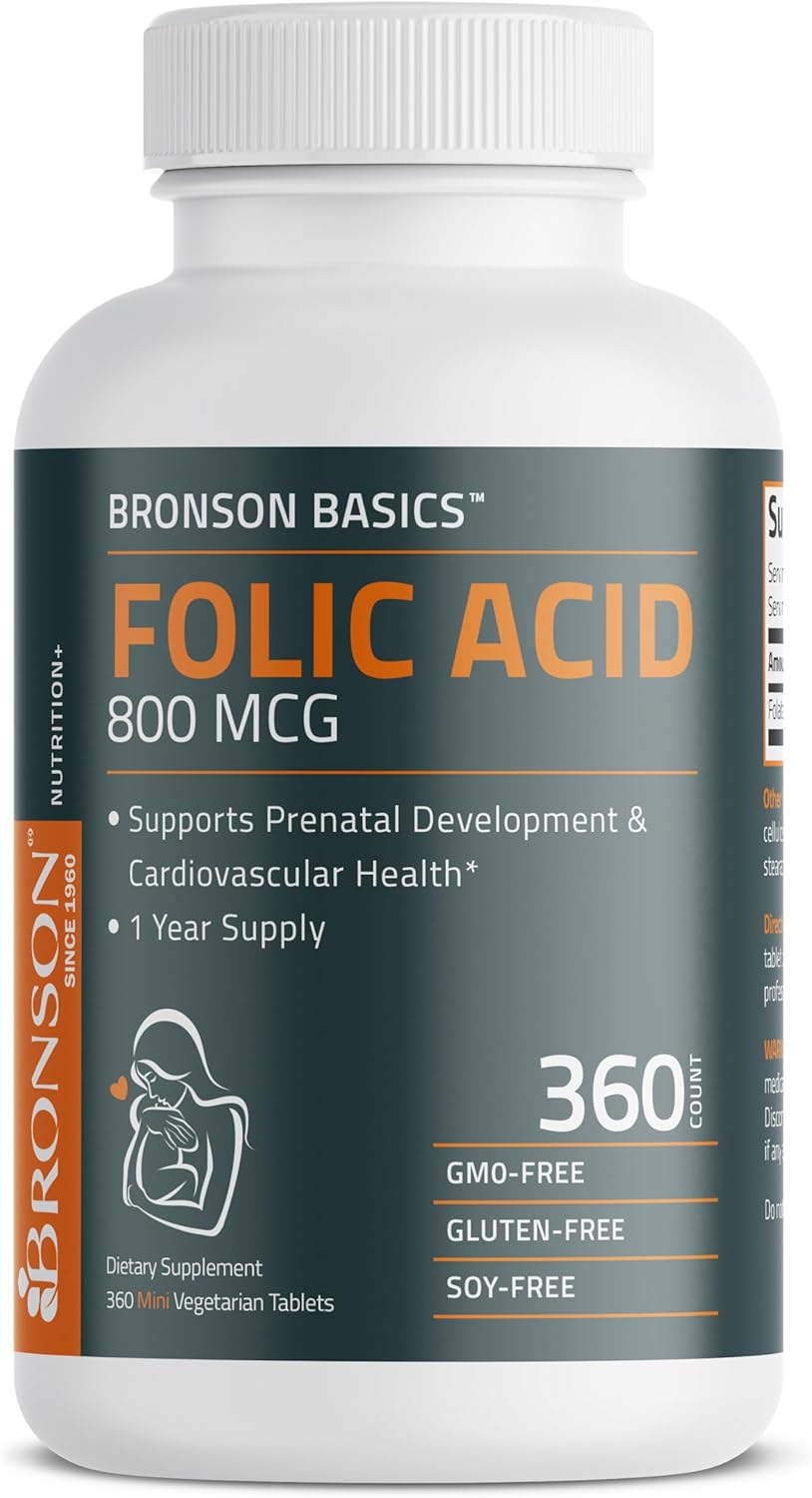 Bronson Folic Acid 800 MCG Tablets - 1 Year Supply for Prenatal Development, Non-GMO, 360 Count