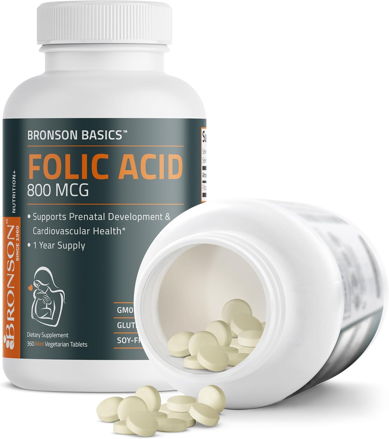 Bronson Folic Acid 800 MCG Tablets - 1 Year Supply for Prenatal Development, Non-GMO, 360 Count
