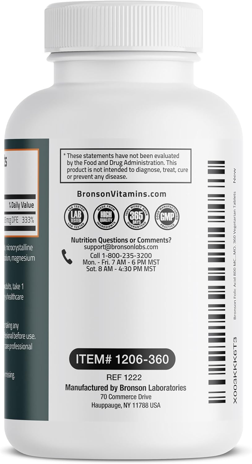 Bronson Folic Acid 800 MCG Tablets - 1 Year Supply for Prenatal Development, Non-GMO, 360 Count