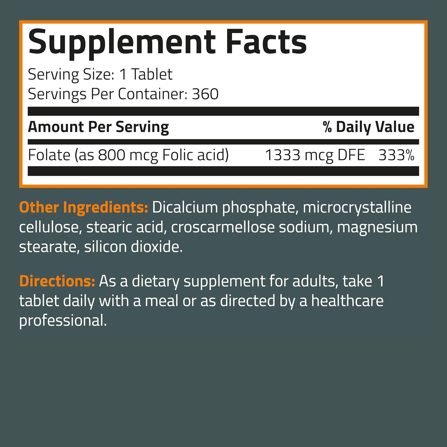 Bronson Folic Acid 800 MCG Tablets - 1 Year Supply for Prenatal Development, Non-GMO, 360 Count