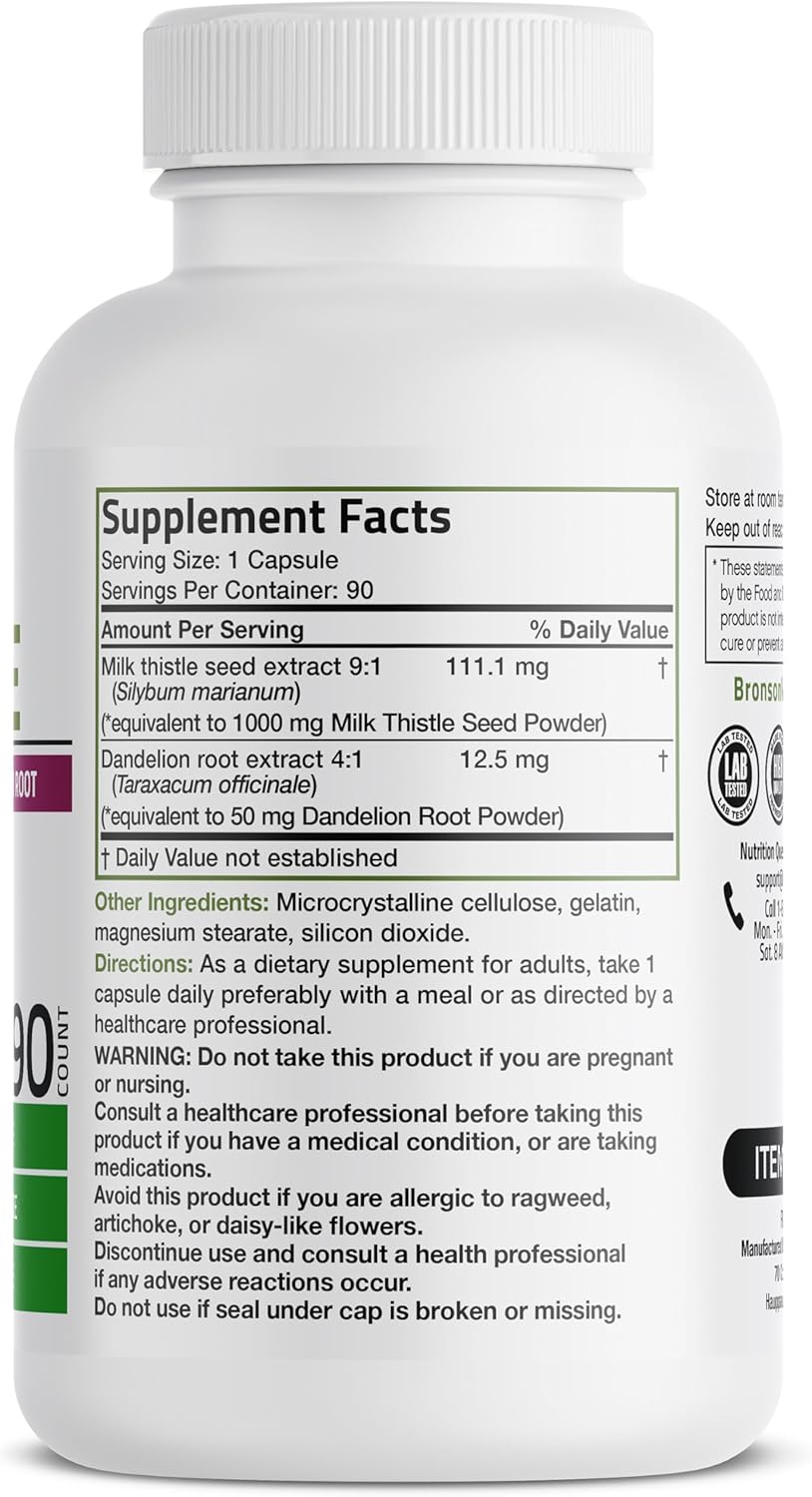 Bronson Liver Health Support Capsules with Milk Thistle, Silymarin, Marianum, and Dandelion Root - Antioxidant and Detox Formula, 90 Count