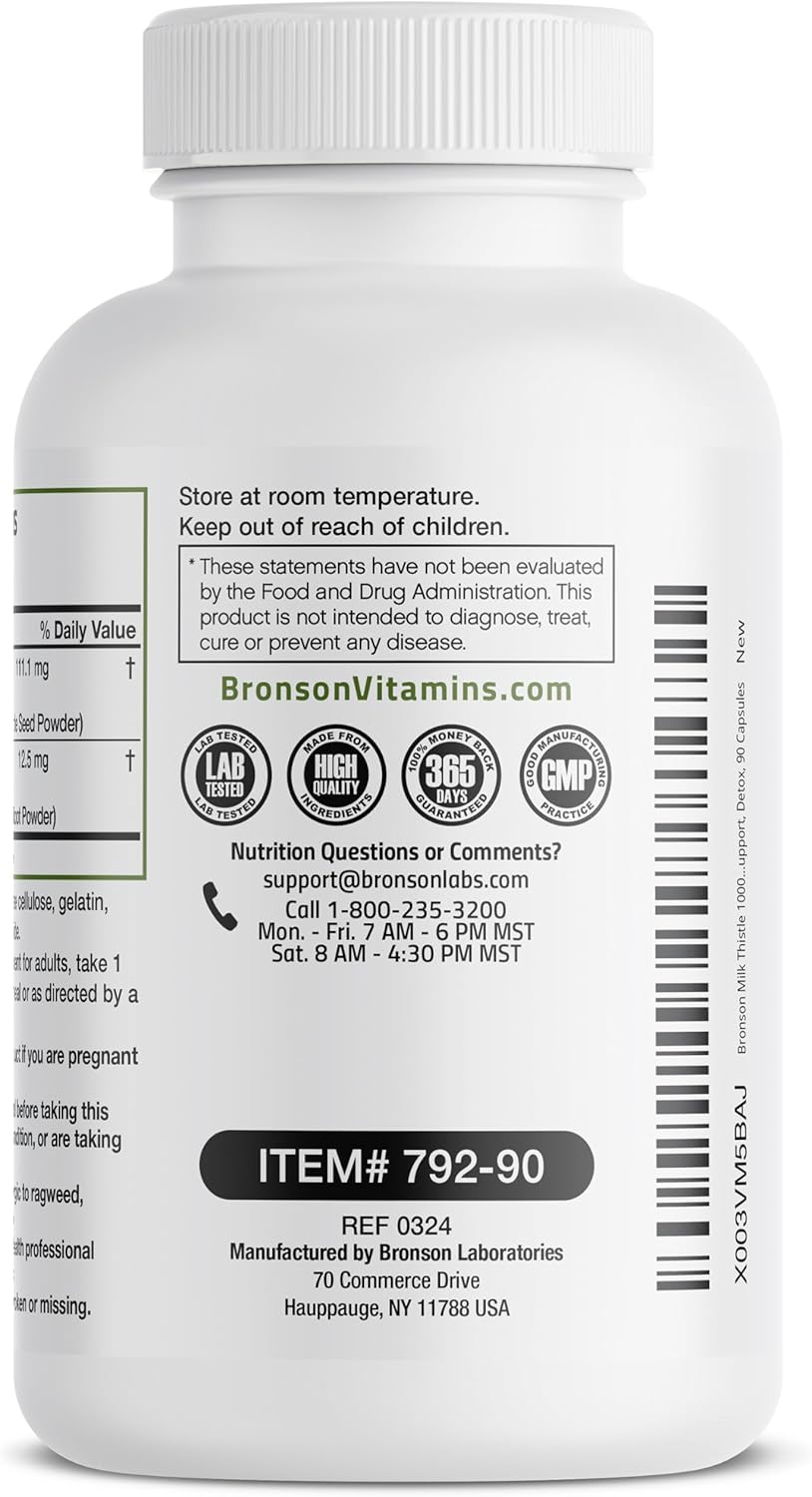 Bronson Liver Health Support Capsules with Milk Thistle, Silymarin, Marianum, and Dandelion Root - Antioxidant and Detox Formula, 90 Count