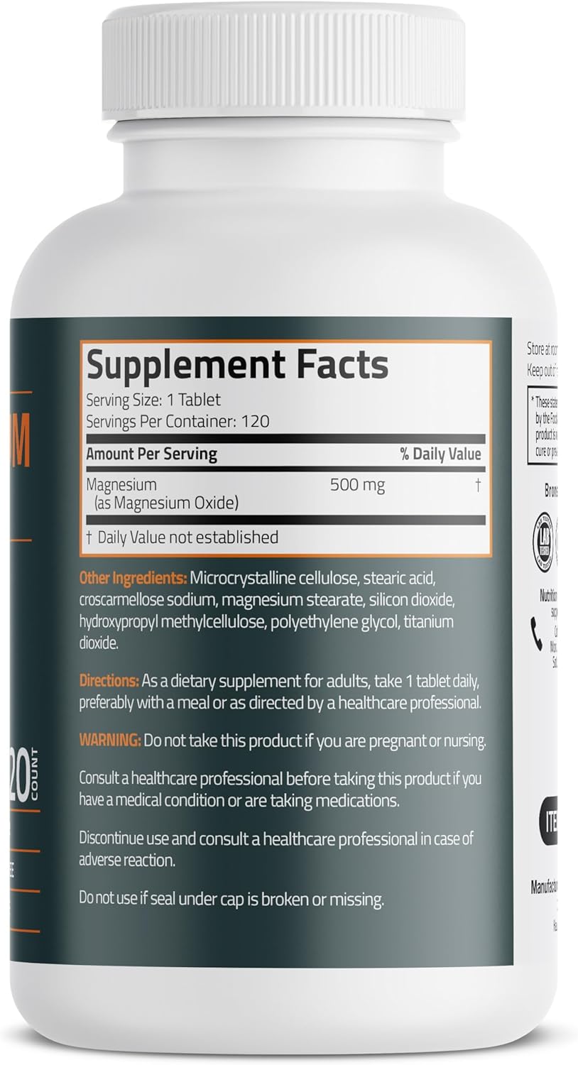 Bronson Magnesium 500 MG: Promotes Bone, Muscle, and Nervous System Health - Non-GMO, 120 Vegan Tablets