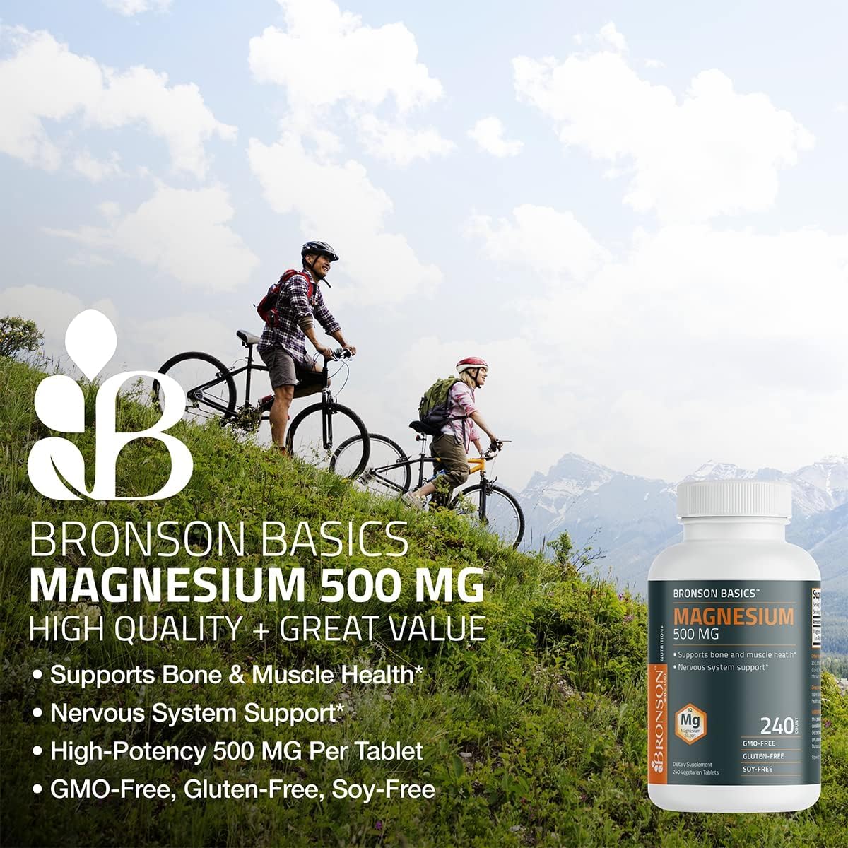 Bronson Magnesium 500 MG: Promotes Bone, Muscle, and Nervous System Health - Non-GMO, 120 Vegan Tablets