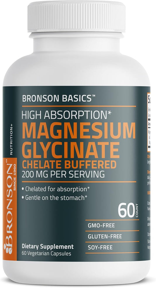 Bronson Magnesium Glycinate 200mg Chelated Capsules for High Absorption, Gentle on Stomach, Non-GMO - 60 Vegetarian Capsules