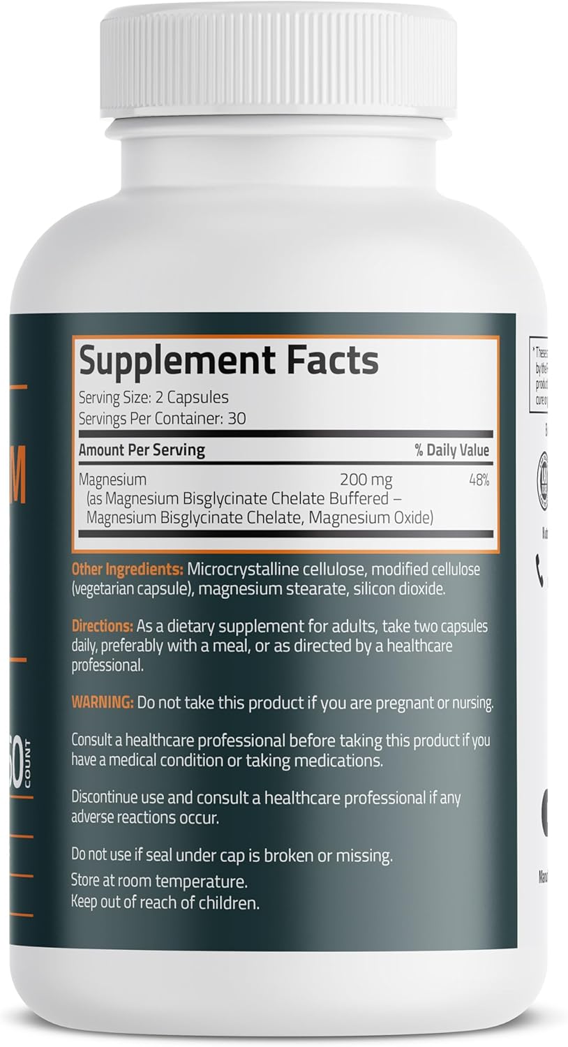 Bronson Magnesium Glycinate 200mg Chelated Capsules for High Absorption, Gentle on Stomach, Non-GMO - 60 Vegetarian Capsules