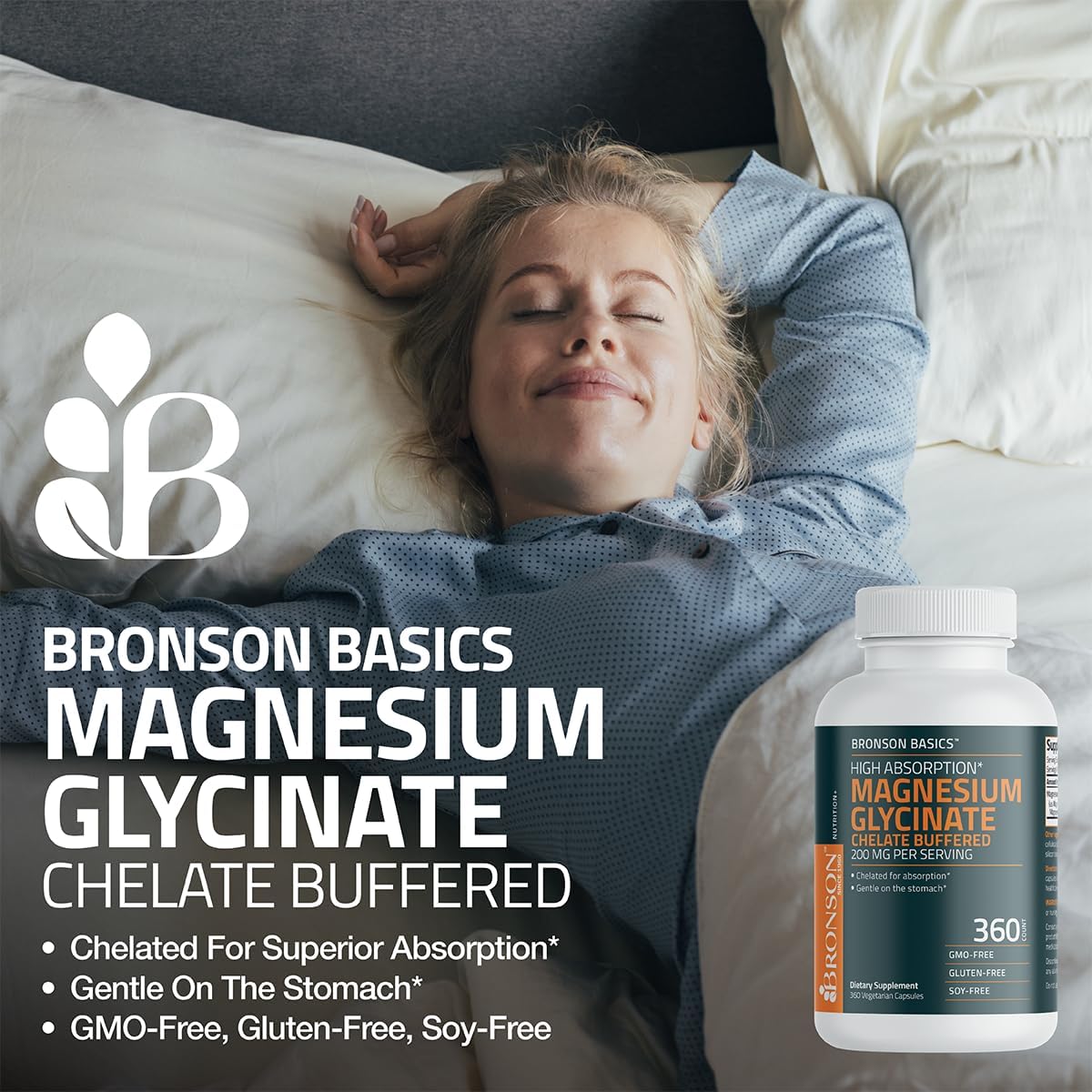 Bronson Magnesium Glycinate 200mg Chelated Capsules for High Absorption, Gentle on Stomach, Non-GMO - 60 Vegetarian Capsules