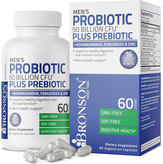 Bronson Men's Probiotic with Prebiotic, Ashwagandha, Fenugreek & Zinc - 60 Capsules, Non-GMO - Digestion & Immune Support