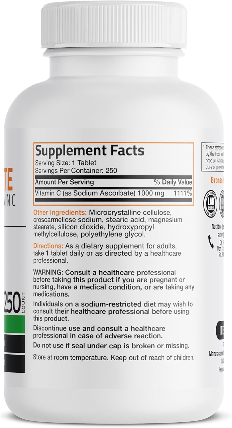 Bronson Non Acidic Vitamin C Tablets 1000mg - Gentle on Stomach - Immune System Booster - Antioxidant - Non GMO - 250 Count