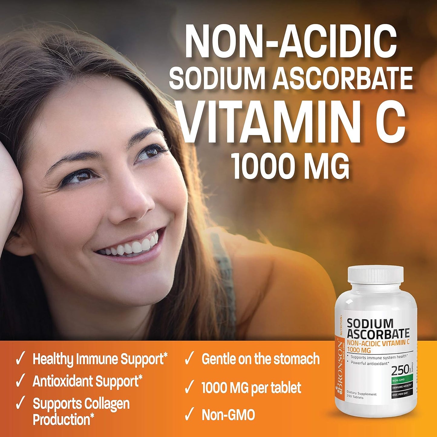 Bronson Non Acidic Vitamin C Tablets 1000mg - Gentle on Stomach - Immune System Booster - Antioxidant - Non GMO - 250 Count