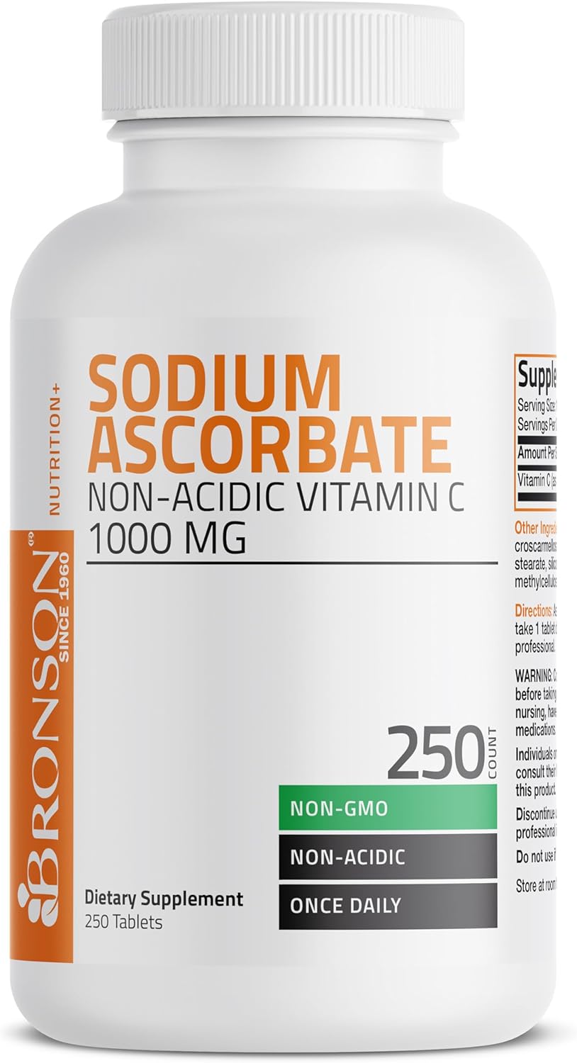 Bronson Non Acidic Vitamin C Tablets 1000mg - Gentle on Stomach - Immune System Booster - Antioxidant - Non GMO - 250 Count