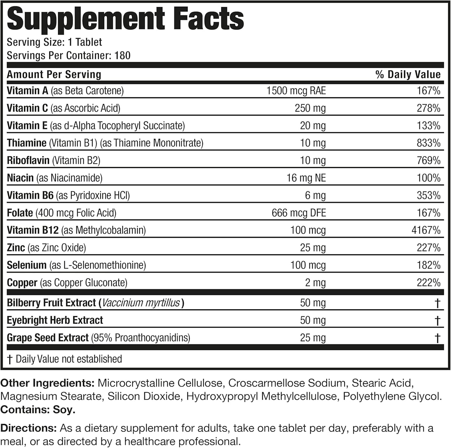 Bronson ONE Daily Vision Multivitamin Mineral Supplement for Complete Eye Health, 180 Tablets