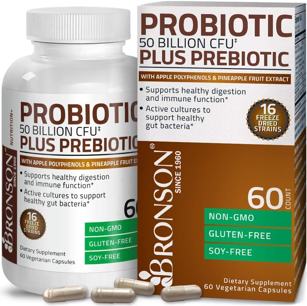 Bronson Probiotic 50 Billion CFU with Prebiotic, Apple Polyphenols, Pineapple Extract, and Methyl B12 5000 mcg