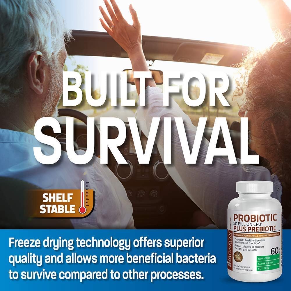 Bronson Probiotic 50 Billion CFU with Prebiotic, Apple Polyphenols, Pineapple Extract, and Methyl B12 5000 mcg