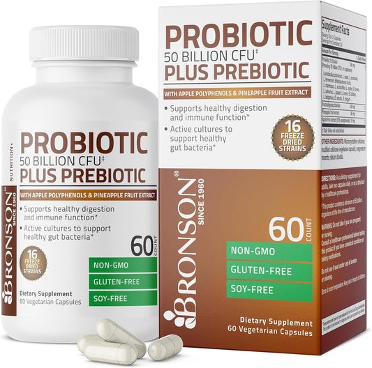Bronson Probiotic with Prebiotic, Apple Polyphenols, Pineapple Extract - 50 Billion CFU - Non-GMO - 60 Capsules