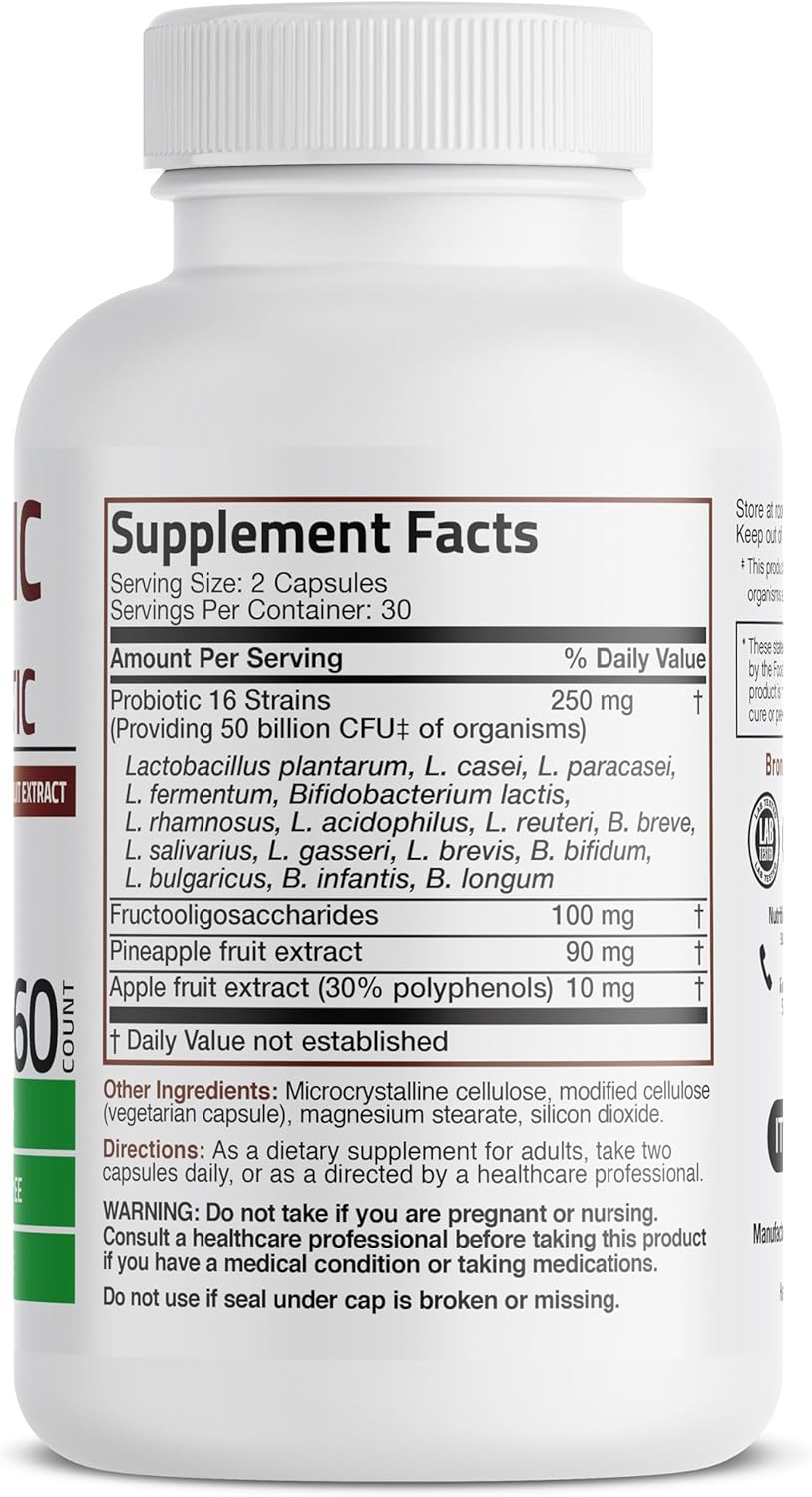 Bronson Probiotic with Prebiotic, Apple Polyphenols, Pineapple Extract - 50 Billion CFU - Non-GMO - 60 Capsules