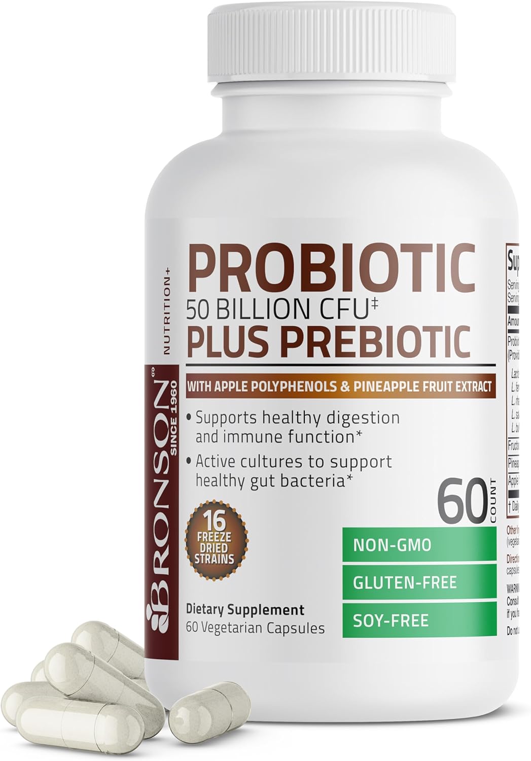 Bronson Probiotic with Prebiotic, Apple Polyphenols, Pineapple Extract - 50 Billion CFU - Non-GMO - 60 Capsules