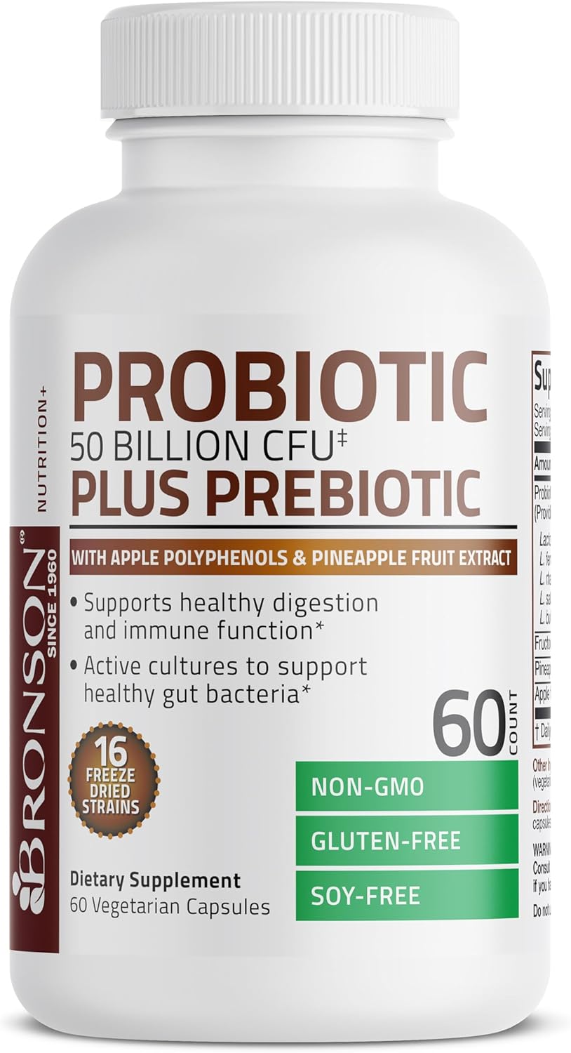 Bronson Probiotic with Prebiotic, Apple Polyphenols, Pineapple Extract - 50 Billion CFU - Non-GMO - 60 Capsules