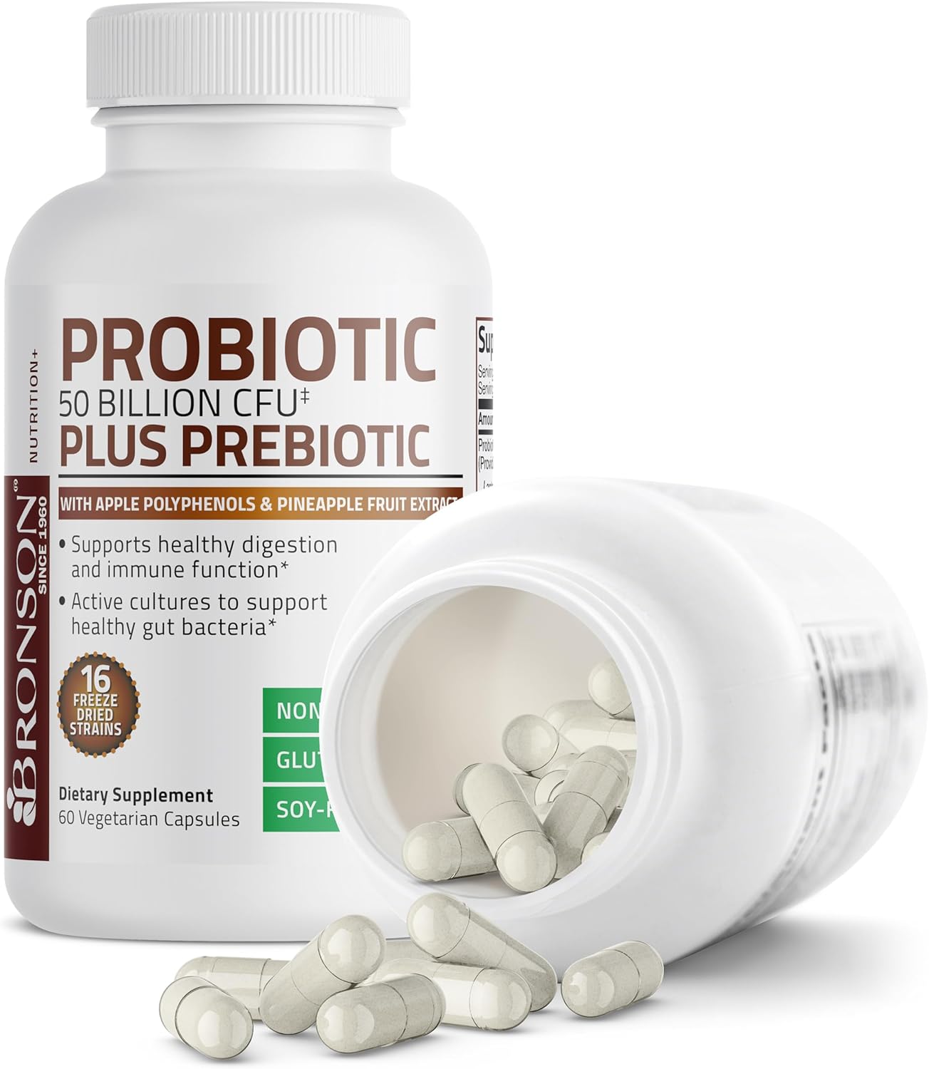 Bronson Probiotic with Prebiotic, Apple Polyphenols, Pineapple Extract - 50 Billion CFU - Non-GMO - 60 Capsules