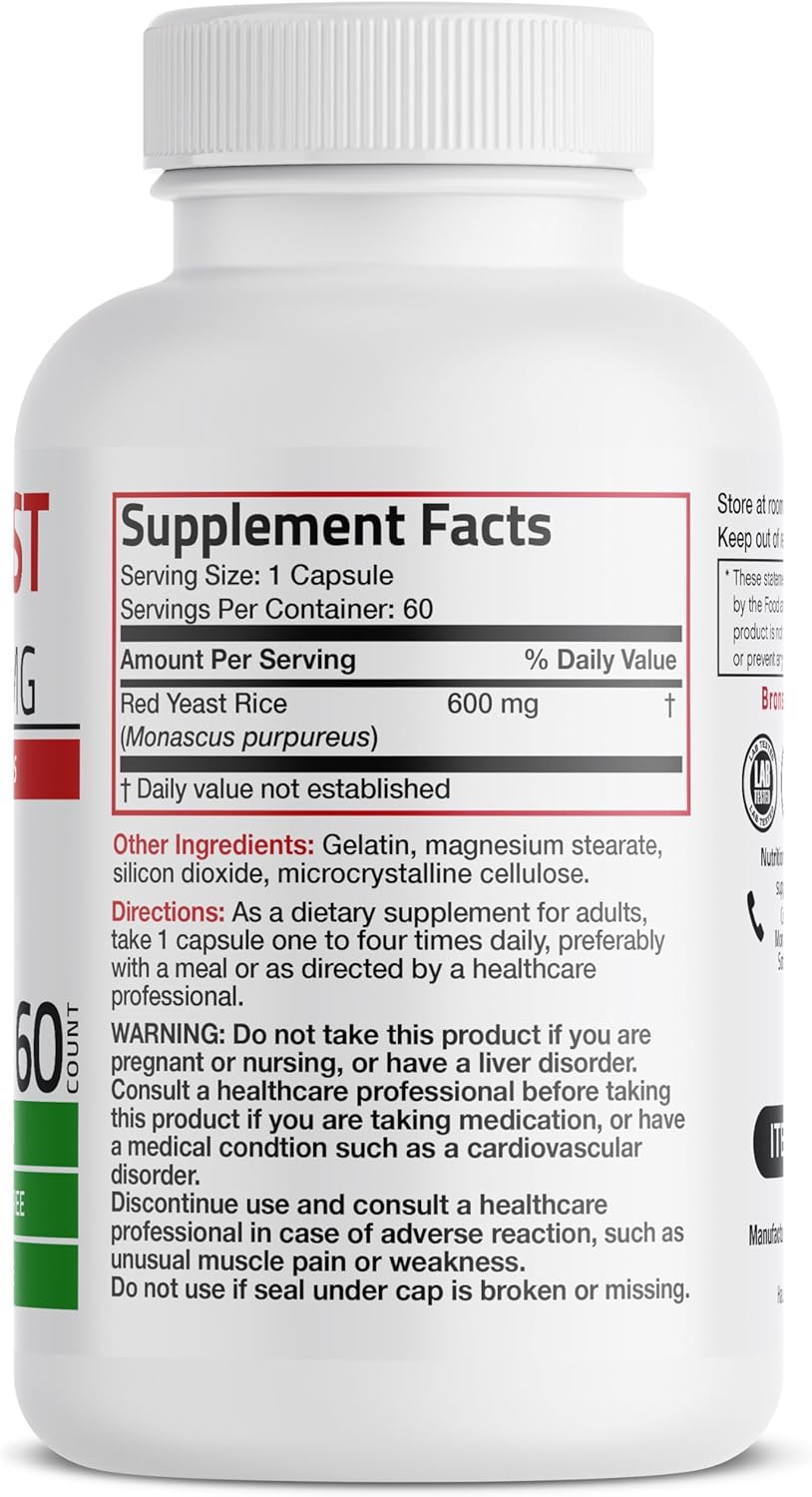 Bronson Red Yeast Rice Capsules 600 MG - Monascus Purpureus Herbal Supplement, Non-GMO - 60 Count