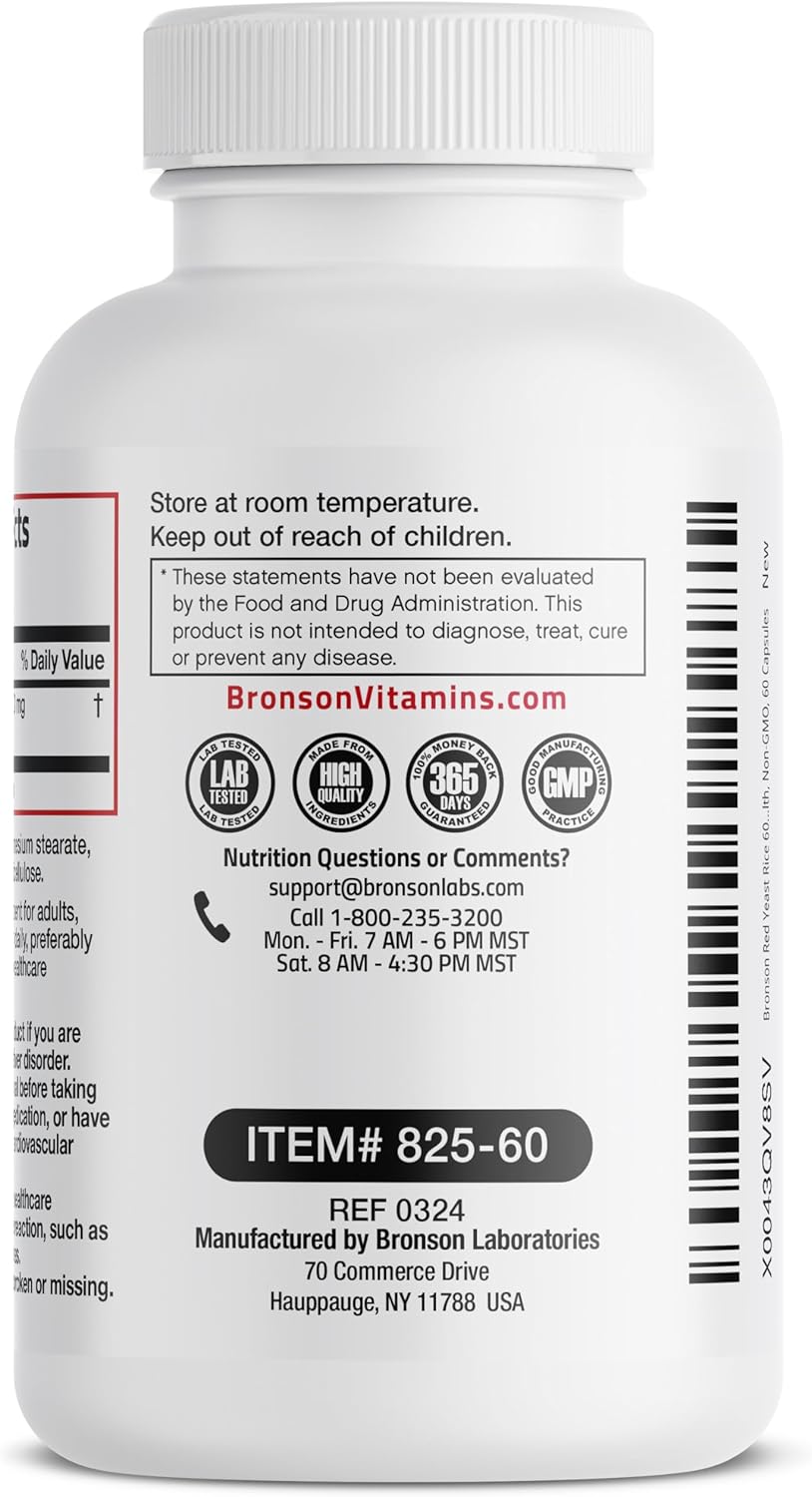 Bronson Red Yeast Rice Capsules 600 MG - Monascus Purpureus Herbal Supplement, Non-GMO - 60 Count