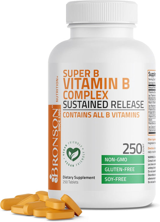 Bronson Super B Vitamin B Complex Sustained Release - 250 Tablets with Vitamin B1, B2, B3, B6, Folic Acid, B12 - All B Vitamins