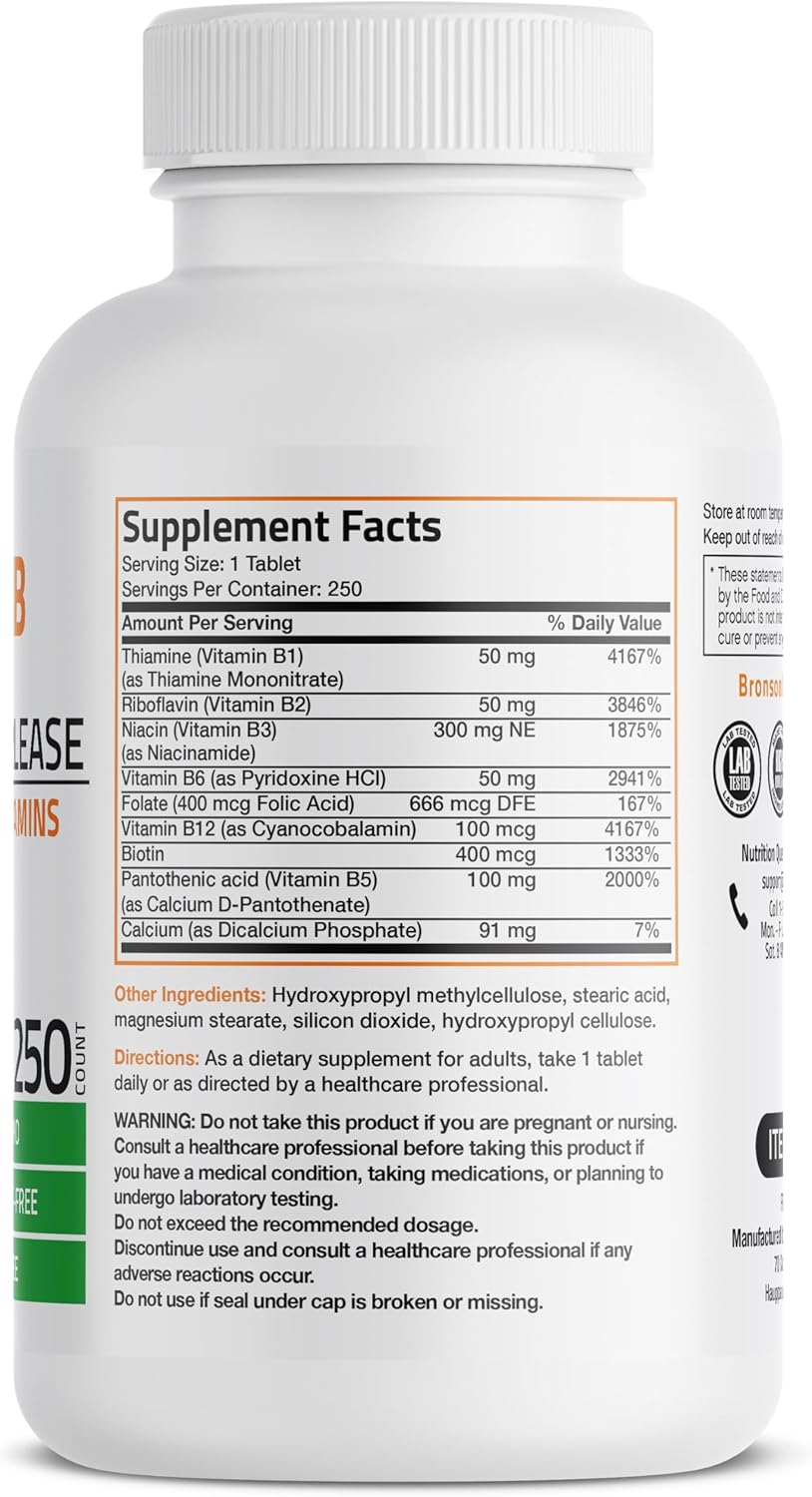 Bronson Super B Vitamin B Complex Sustained Release - 250 Tablets with Vitamin B1, B2, B3, B6, Folic Acid, B12 - All B Vitamins