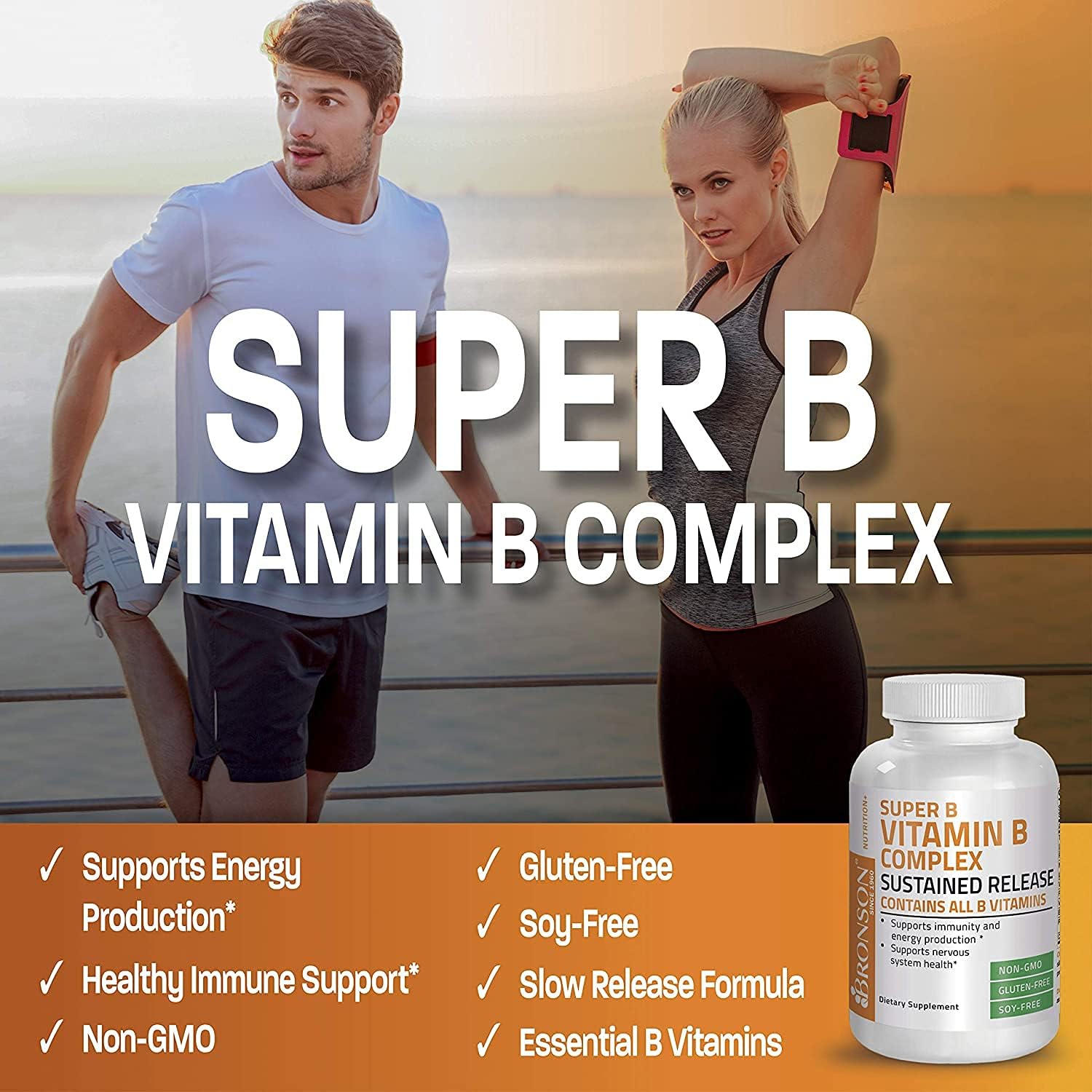 Bronson Super B Vitamin B Complex Sustained Release - 250 Tablets with Vitamin B1, B2, B3, B6, Folic Acid, B12 - All B Vitamins