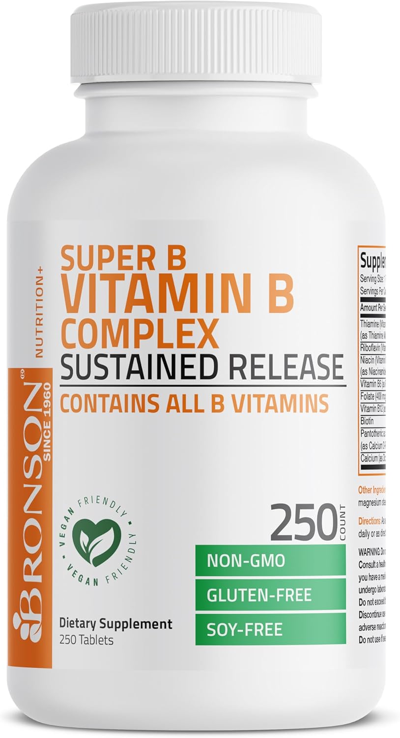 Bronson Super B Vitamin B Complex Sustained Release - 250 Tablets with Vitamin B1, B2, B3, B6, Folic Acid, B12 - All B Vitamins