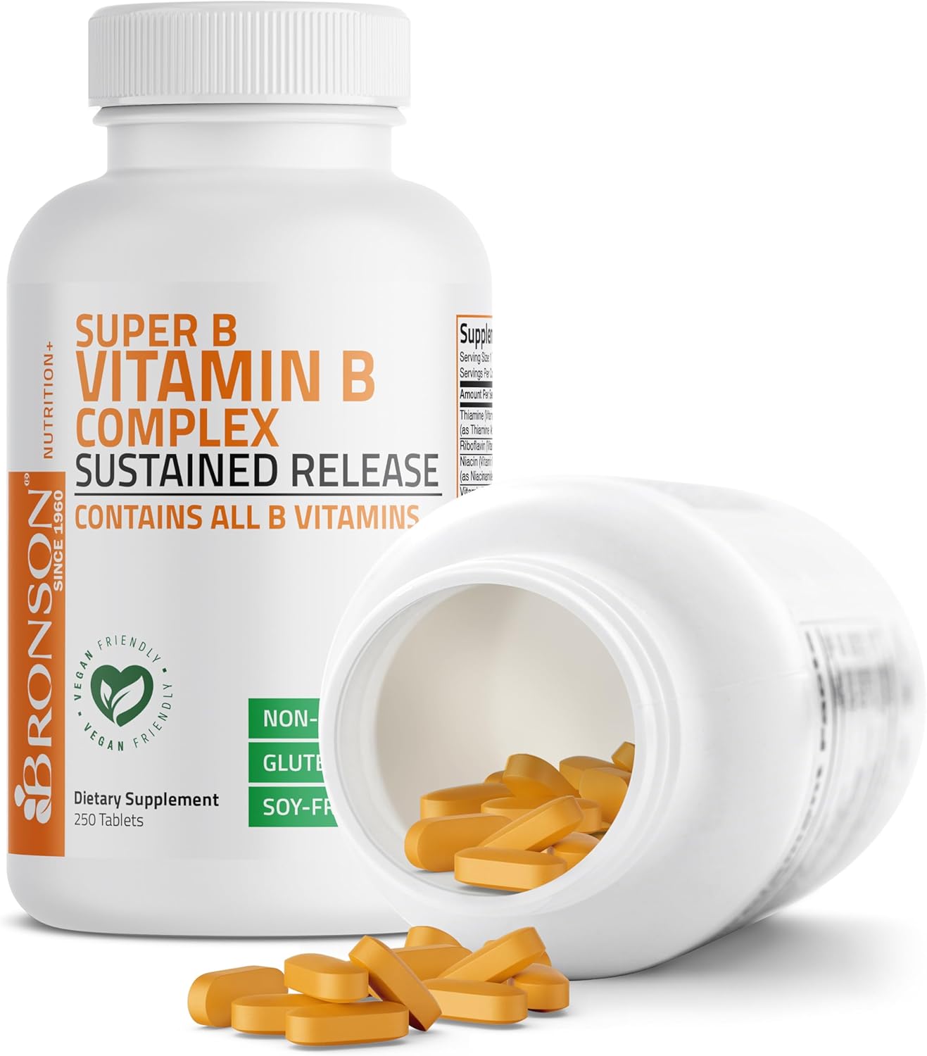 Bronson Super B Vitamin B Complex Sustained Release - 250 Tablets with Vitamin B1, B2, B3, B6, Folic Acid, B12 - All B Vitamins