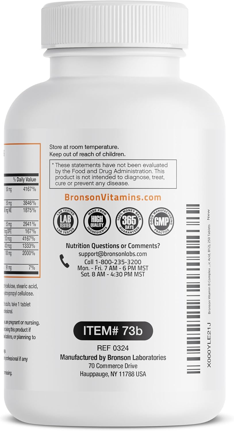Bronson Super B Vitamin B Complex Sustained Release - 250 Tablets with Vitamin B1, B2, B3, B6, Folic Acid, B12 - All B Vitamins