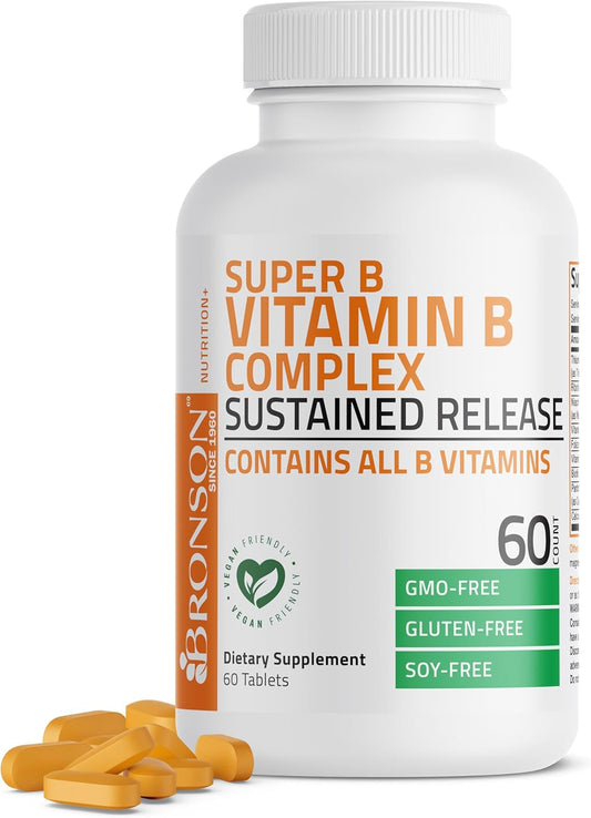 Bronson Super B Vitamin Complex with Sustained Slow Release - 60 Tablets, All B Vitamins Including B1, B2, B3, B6, Folic Acid, B12