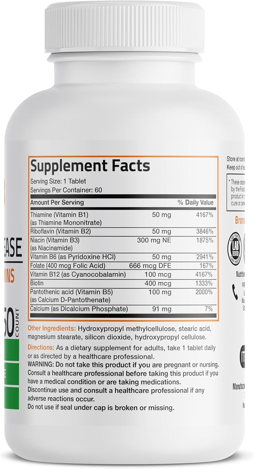 Bronson Super B Vitamin Complex with Sustained Slow Release - 60 Tablets, All B Vitamins Including B1, B2, B3, B6, Folic Acid, B12