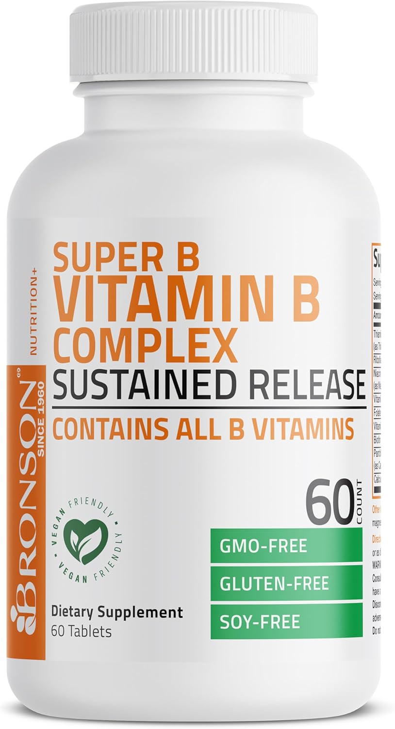 Bronson Super B Vitamin Complex with Sustained Slow Release - 60 Tablets, All B Vitamins Including B1, B2, B3, B6, Folic Acid, B12