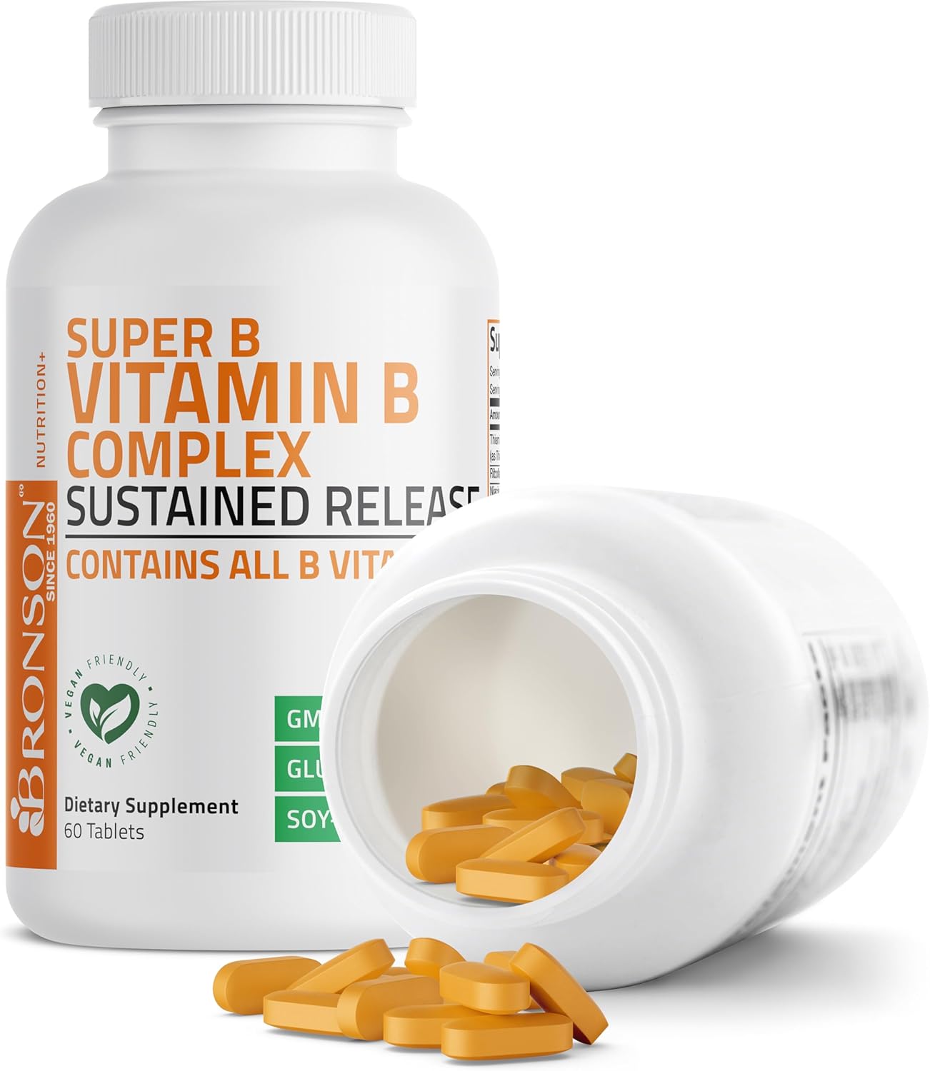 Bronson Super B Vitamin Complex with Sustained Slow Release - 60 Tablets, All B Vitamins Including B1, B2, B3, B6, Folic Acid, B12