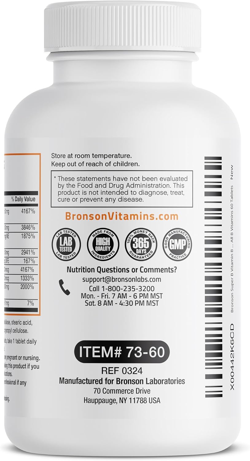 Bronson Super B Vitamin Complex with Sustained Slow Release - 60 Tablets, All B Vitamins Including B1, B2, B3, B6, Folic Acid, B12