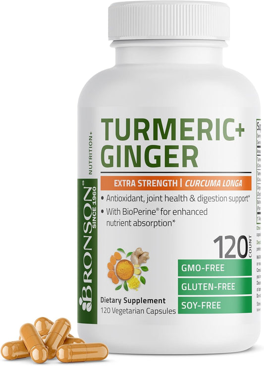 Bronson Turmeric and Ginger Extra Strength Capsules with BioPerine for Joint Health and Digestion Support, 120 Vegetarian Capsules