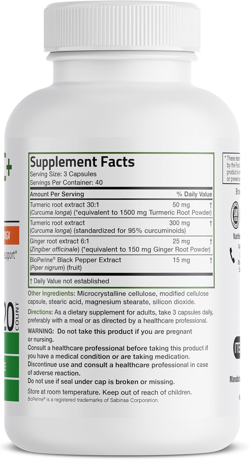 Bronson Turmeric and Ginger Extra Strength Capsules with BioPerine for Joint Health and Digestion Support, 120 Vegetarian Capsules