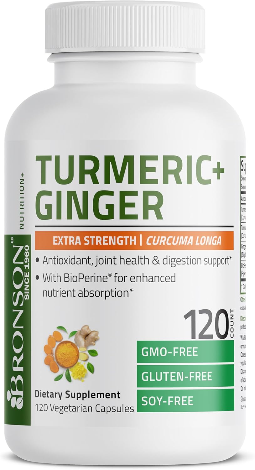 Bronson Turmeric and Ginger Extra Strength Capsules with BioPerine for Joint Health and Digestion Support, 120 Vegetarian Capsules