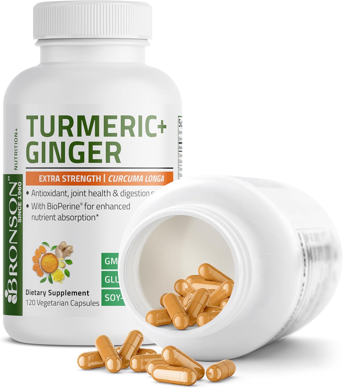 Bronson Turmeric and Ginger Extra Strength Capsules with BioPerine for Joint Health and Digestion Support, 120 Vegetarian Capsules