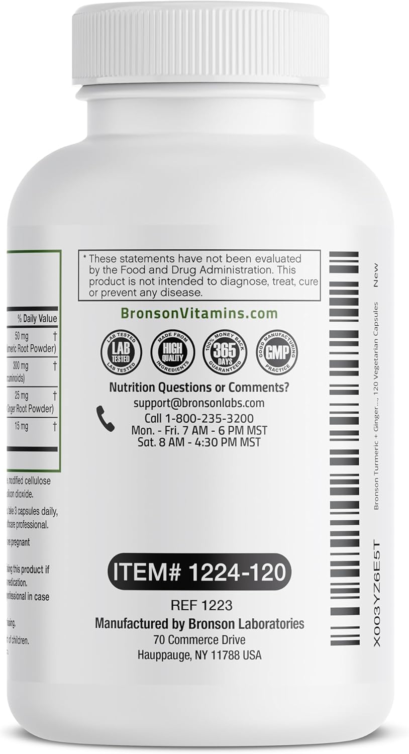 Bronson Turmeric and Ginger Extra Strength Capsules with BioPerine for Joint Health and Digestion Support, 120 Vegetarian Capsules