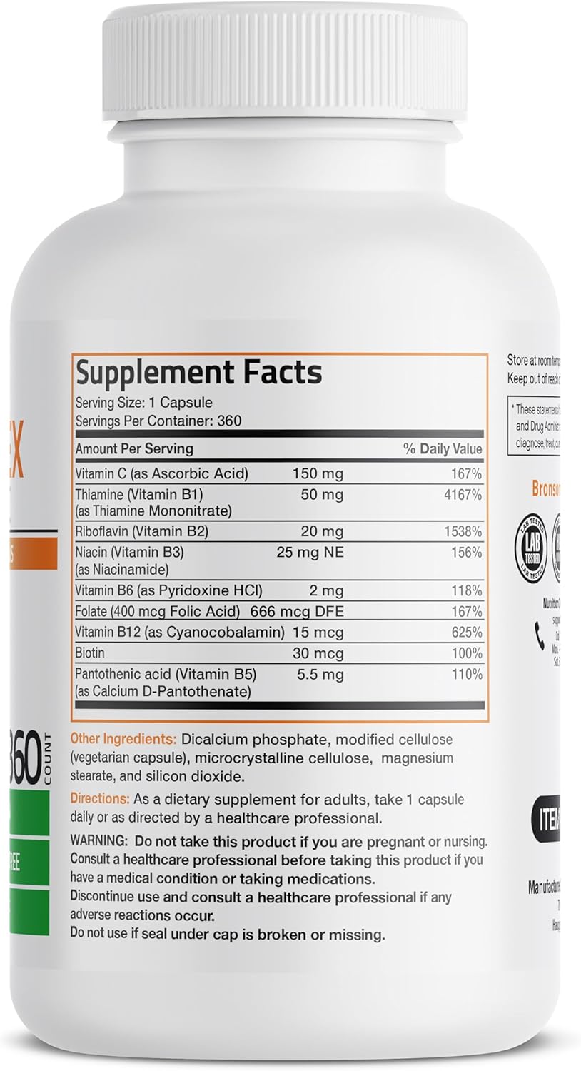 Bronson Vitamin B Complex with Vitamin C - Immune Health & Energy Support - Non-GMO, 360 Vegetarian Capsules