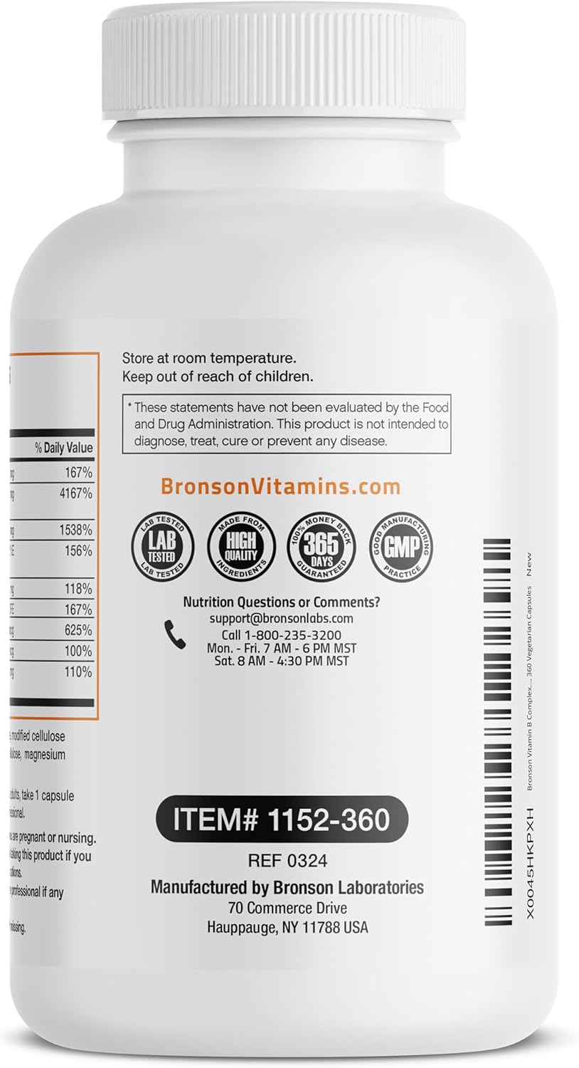 Bronson Vitamin B Complex with Vitamin C - Immune Health & Energy Support - Non-GMO, 360 Vegetarian Capsules