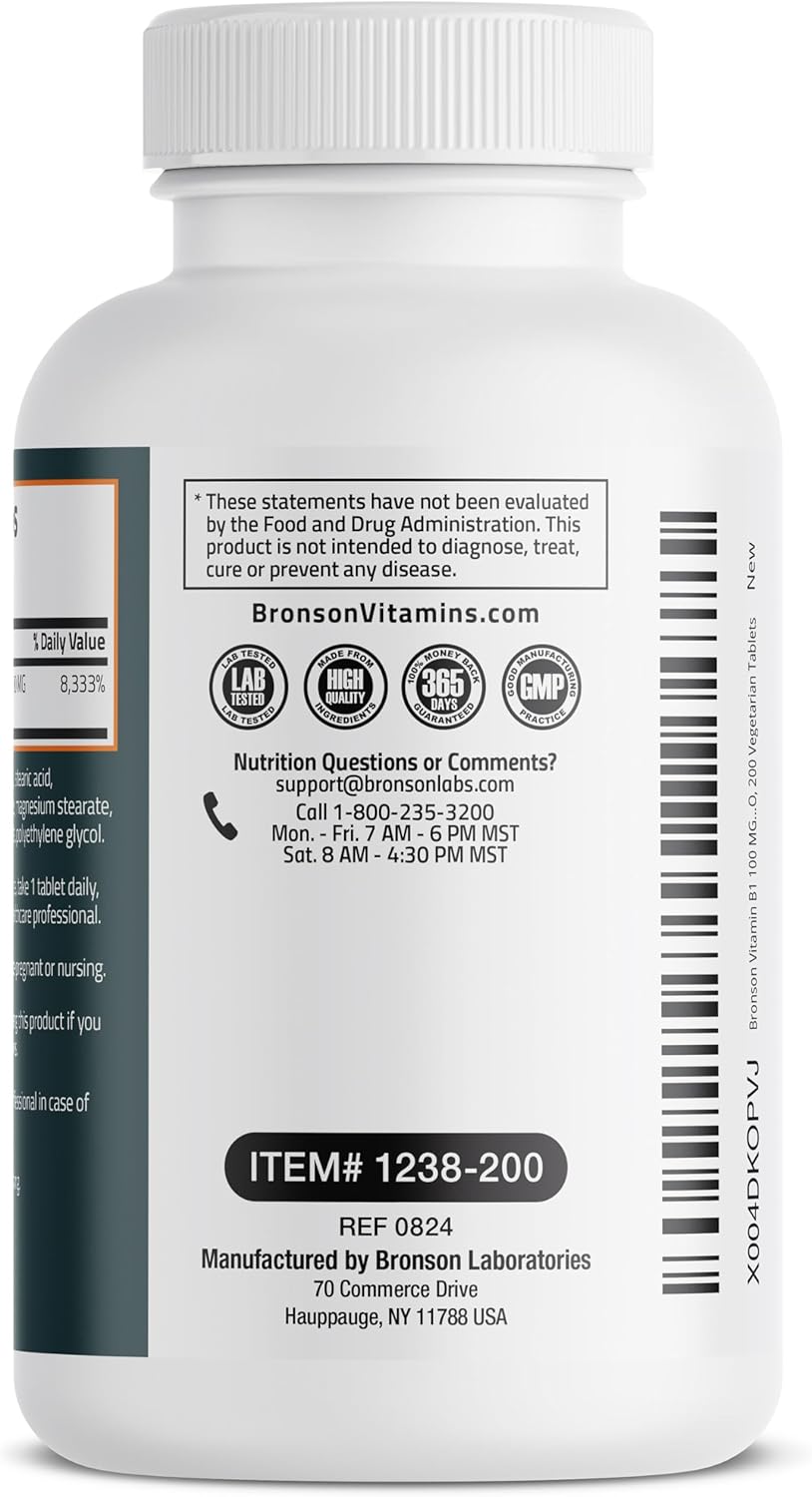 Bronson Vitamin B1 100mg - Non-GMO - 200 Vegetarian Tablets - High Quality Dietary Supplement