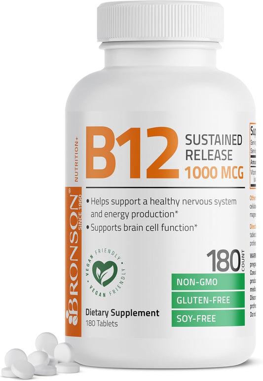Bronson Vitamin B12 1000 MCG Sustained Release Tablets for Nervous System and Energy, 180 Tablets.