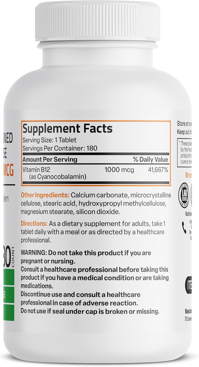 Bronson Vitamin B12 1000 MCG Sustained Release Tablets for Nervous System and Energy, 180 Tablets.