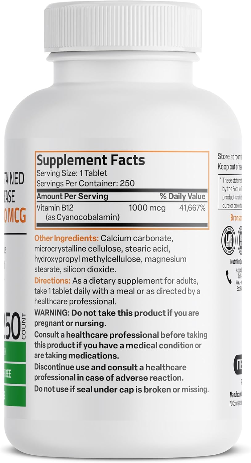 Bronson Vitamin B12 1000 mcg Sustained Release Tablets - Non GMO, 250 Count - Promotes Nervous System Health, Brain Function, Energy