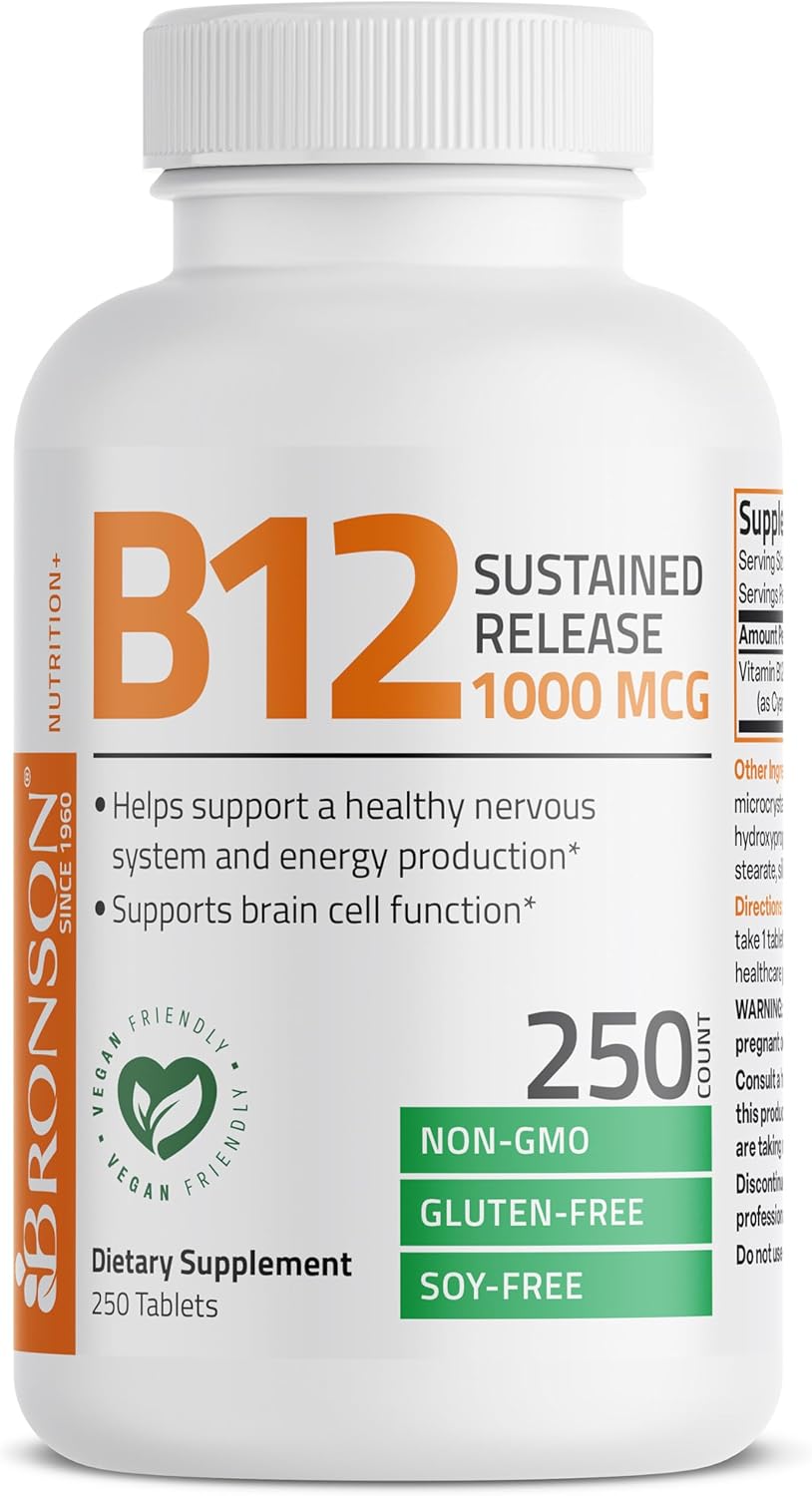 Bronson Vitamin B12 1000 mcg Sustained Release Tablets - Non GMO, 250 Count - Promotes Nervous System Health, Brain Function, Energy